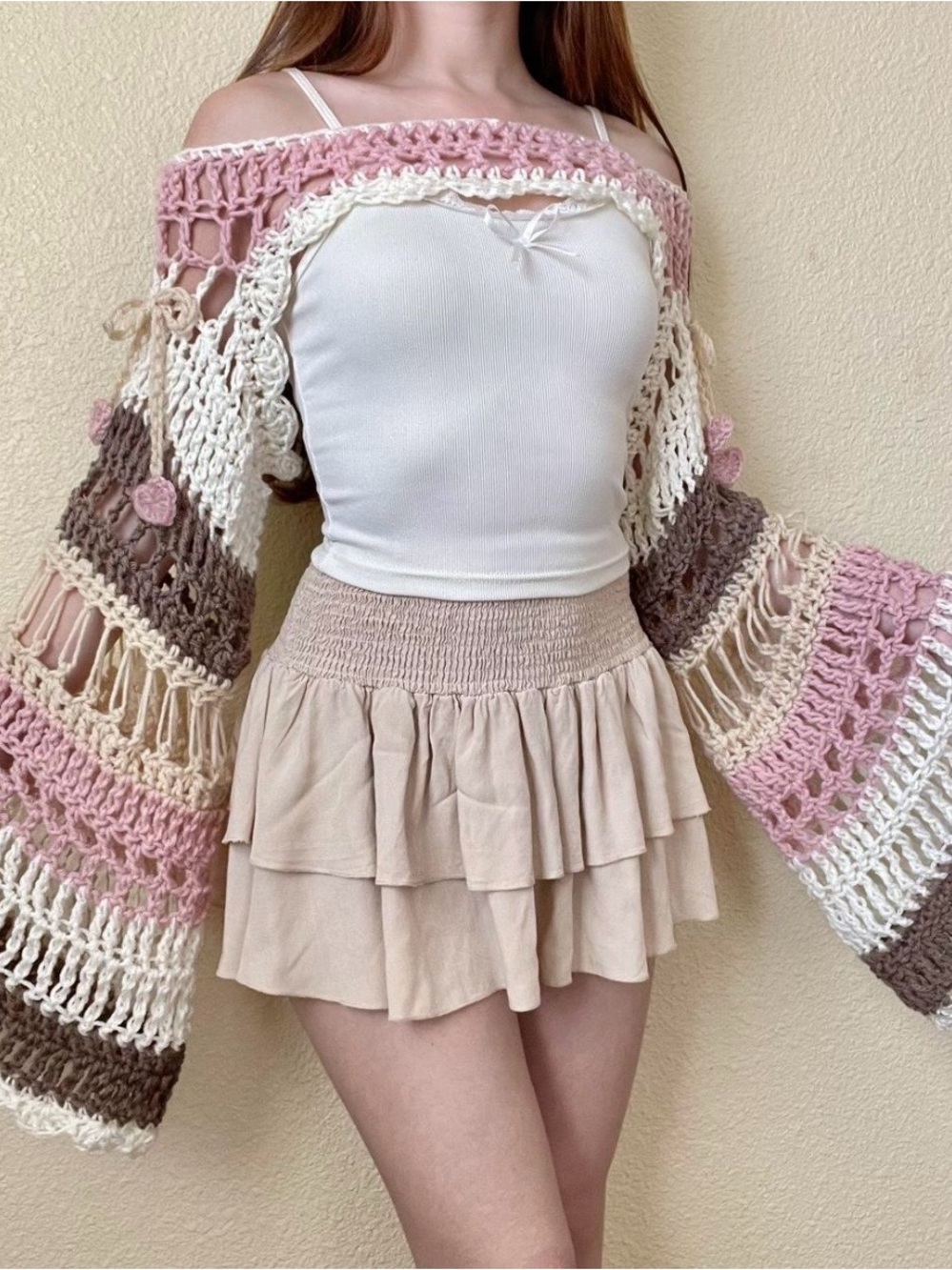 SOLDHandmade crochet balletcore bolero shrug pink brown bow and hearts coquette - Picture 2 of 7